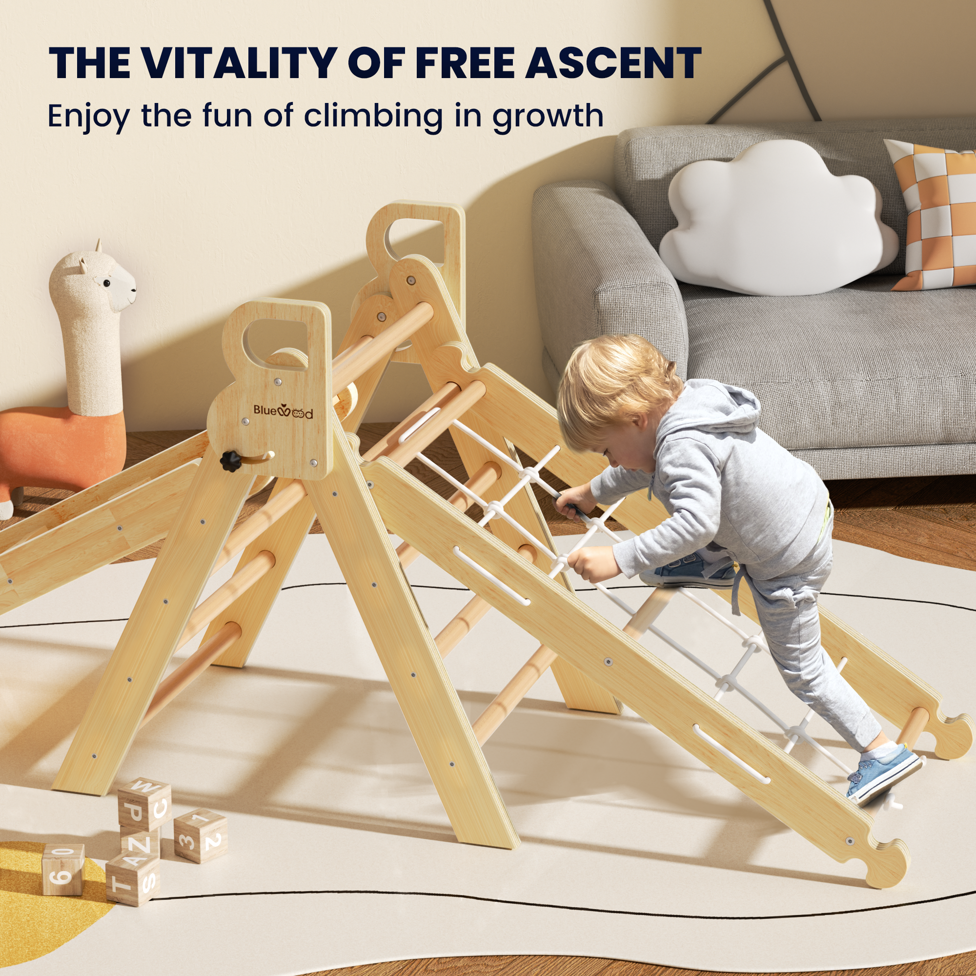 Escalera de cuerda Aurora-BlueWood®, juego de triángulos Pikler *Tono de madera natural